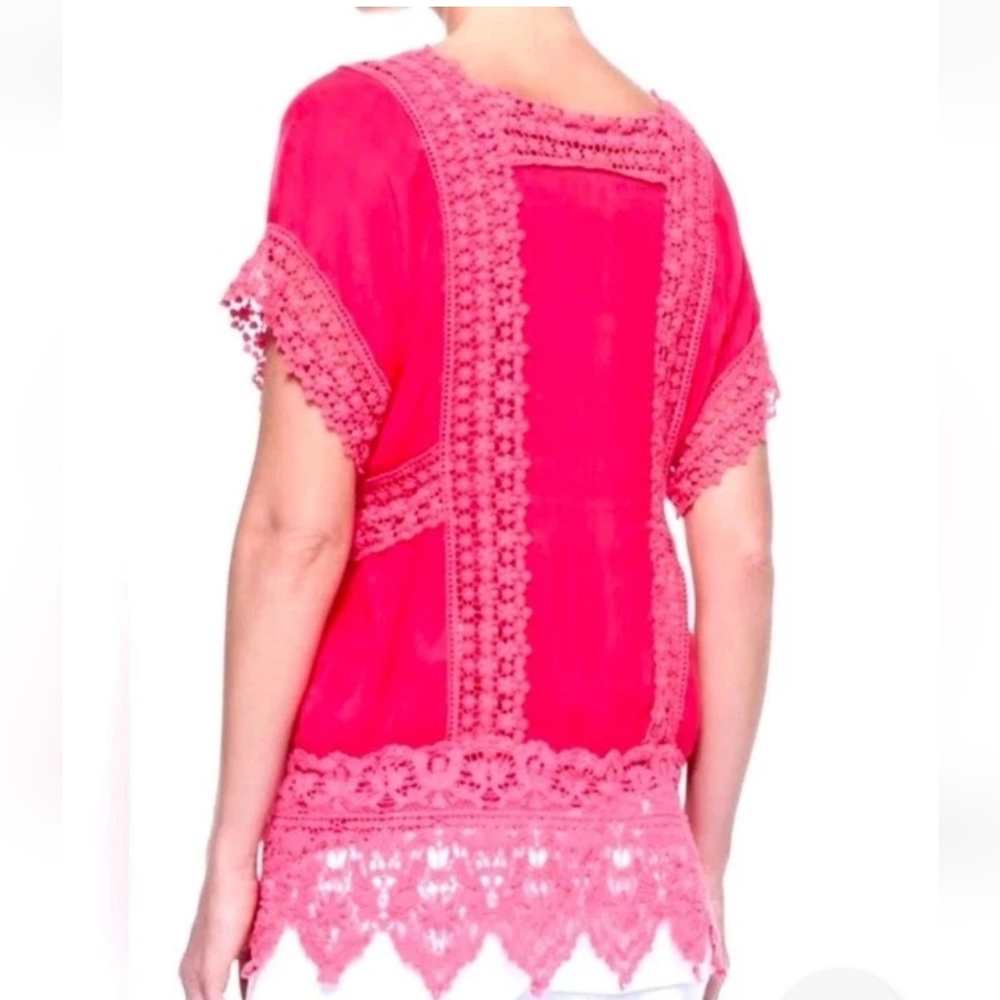 Johnny Was Boho Crochet Lace Georgette Top Woman XXL Crinkle Barbie Pink Coastal - Picture 2 of 15